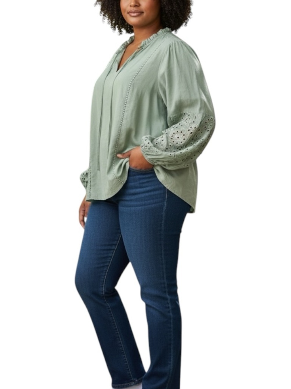 Lane Bryant Crochet Trim Ruffle Collar Boho Peasant Top Women’s 16 Sage Green